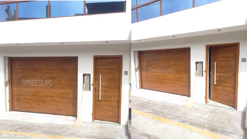 puerta exterior para garaje y peatonal fabricado de metal contraplacada en color madera