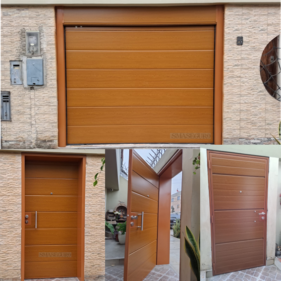 puerta cochera en metalica color madera con peatonal