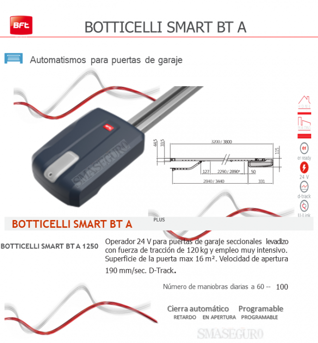 Motor Botticelli Smart BT A 1250 para puertas seccionales. Potente, rápido y seguro, con tracción de 1250 N, sistema D-Track y apertura de 190 mm/s. Ideal para automatización de garajes.